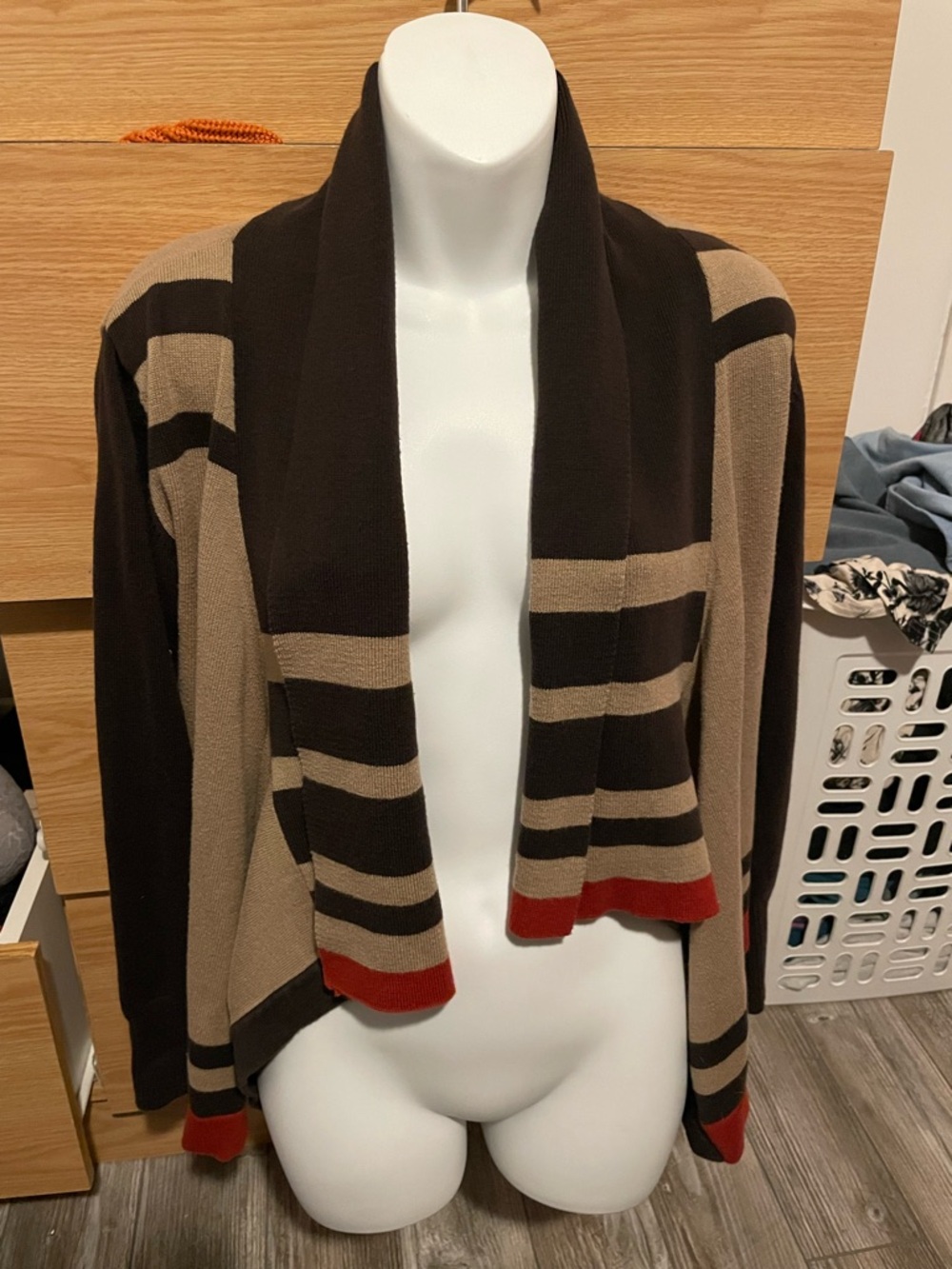 Striped Open-Front Women's Cardigan - Brown & Tan with Red Trim